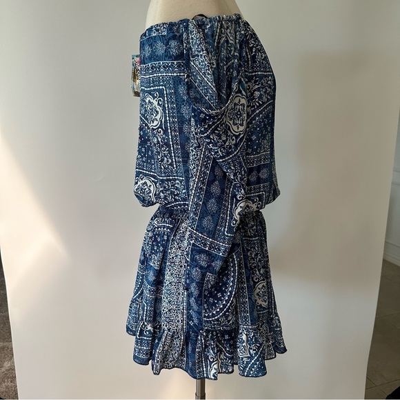 ❣️HP❣️NWT Surf Gypsy Blue White Cold Shoulder Floral Ruffle Mini Dress. Sz: S - Picture 4 of 13